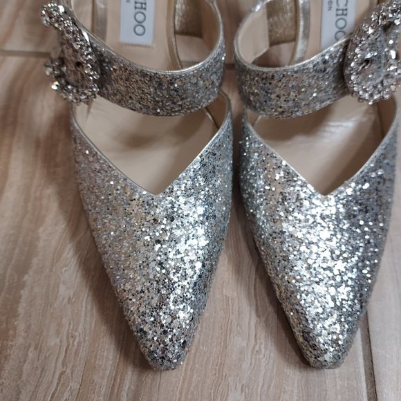 Jimmy Choo Silver Sparkle Glitter Wedding Crystal Buckle Marta Heel Mules - Picture 5 of 10